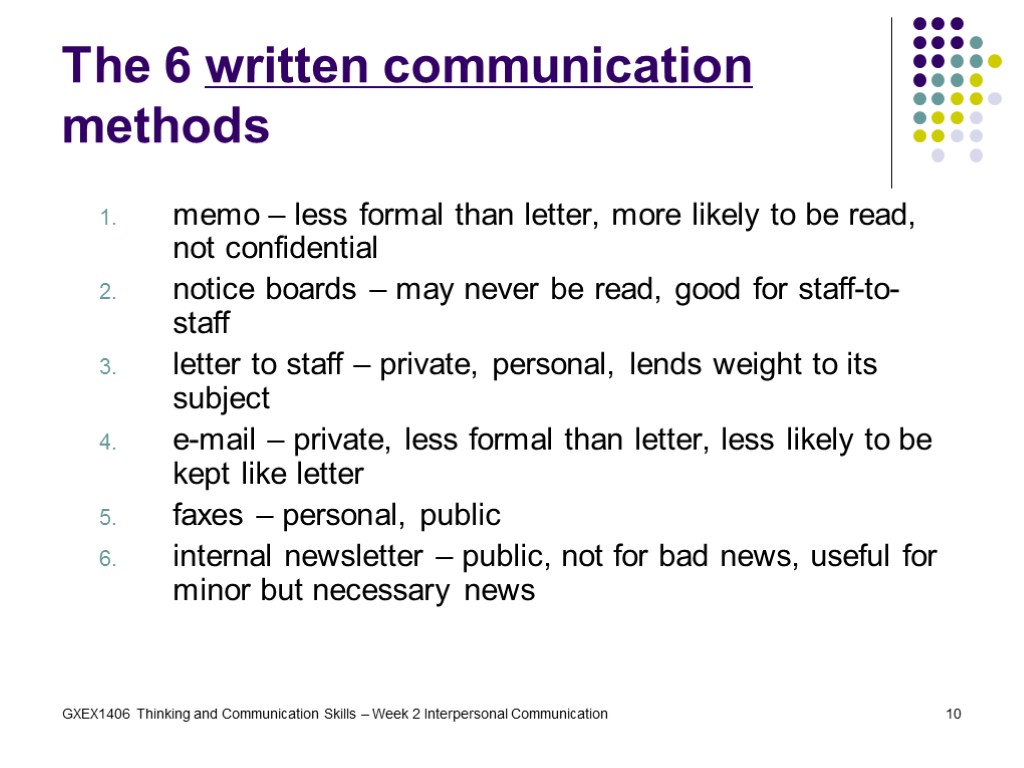 GXEX1406 Thinking and Communication Skills – Week 2 Interpersonal Communication 10 The 6 written